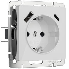 Розетка с заземлением, шторками и USB тип A+C (белый акрил) W1171741