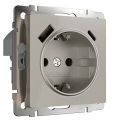 Розетка с заземлением, шторками и USB тип A+C (дымчатый) W1271704