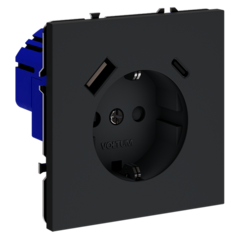 Розетка встраиваемая VOLTUM S70 с заземлением и защитными шторками, 16А, с USB, A+С, (графит)