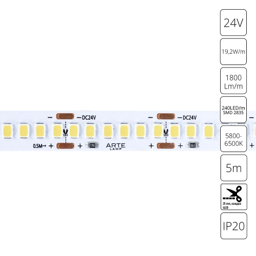 Купить Светодиодная лента 24V 19,2W/m 6000К 5м Arte Lamp TAPE A2424010-03-6K
