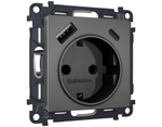MA660010 Комплект механизма электрической розетки ALFA Антрацит серый 2USB A+C 20W (быстрая зарядка) с/з QUANT (AP6600, VM160)