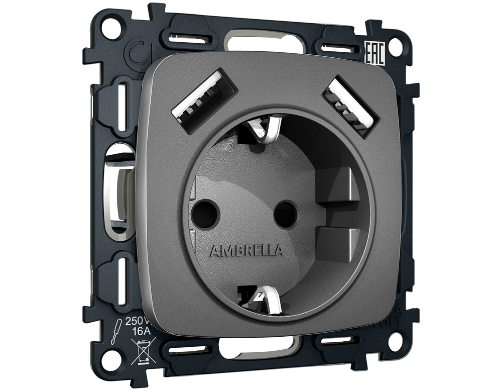 MO659010 Комплект механизма электрической розетки OMEGA Антрацит серый 2USB A+A 18W (быстрая зарядка) с/з QUANT (OP6590, VM155)