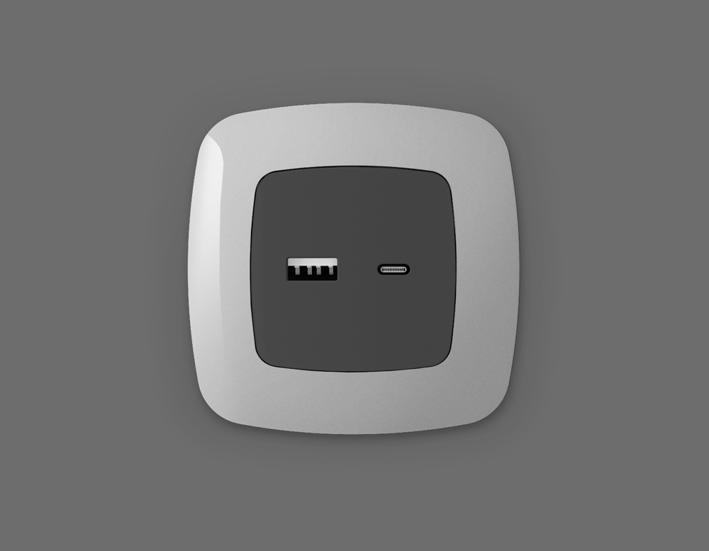 MO911010 Комплект механизма розетки OMEGA Графит мягкое касание 2USB A+C 20W (быстрая зарядка) QUANT (OP9110, VM177)