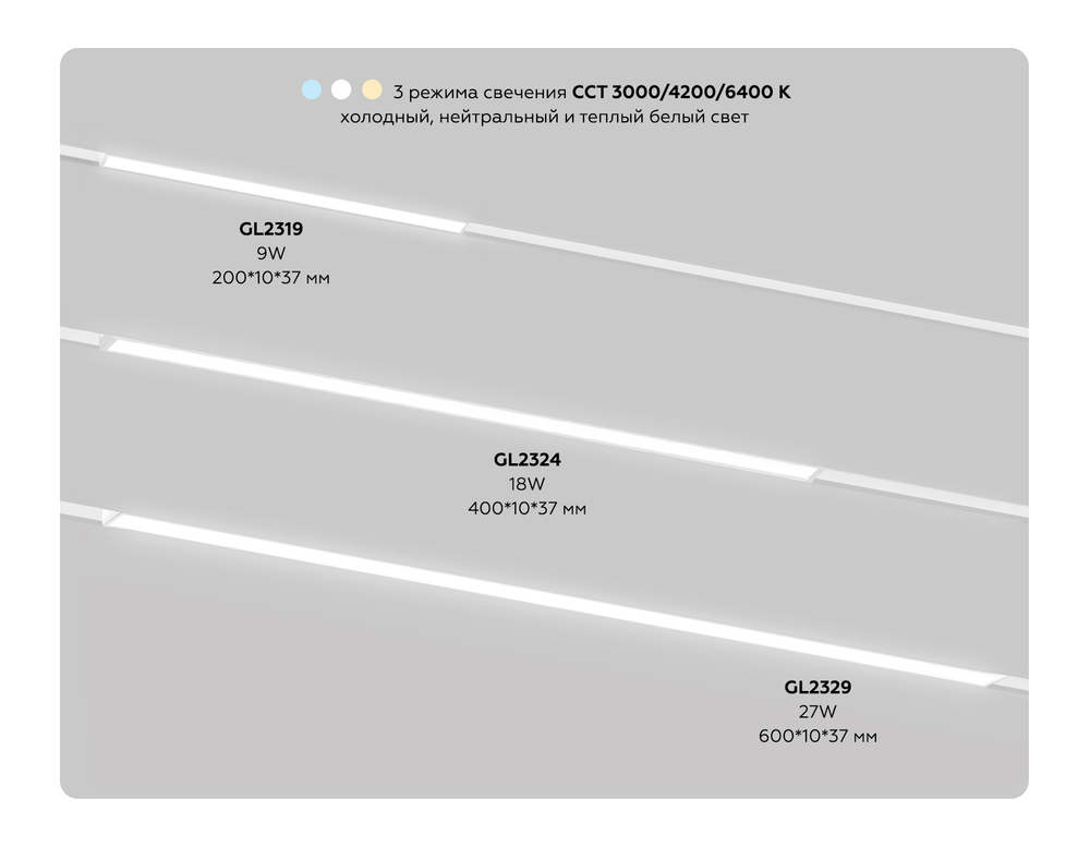 GL2324 WH белый IP20 18W 3CCT 3000-6000K 48V 120° 400*10*37