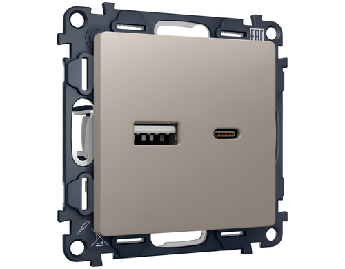 Купить MA371010 Комплект механизма розетки ALFA Серо-бежевый матовый 2USB A+C 20W (быстрая зарядка) QUANT (AP3710, VM177)