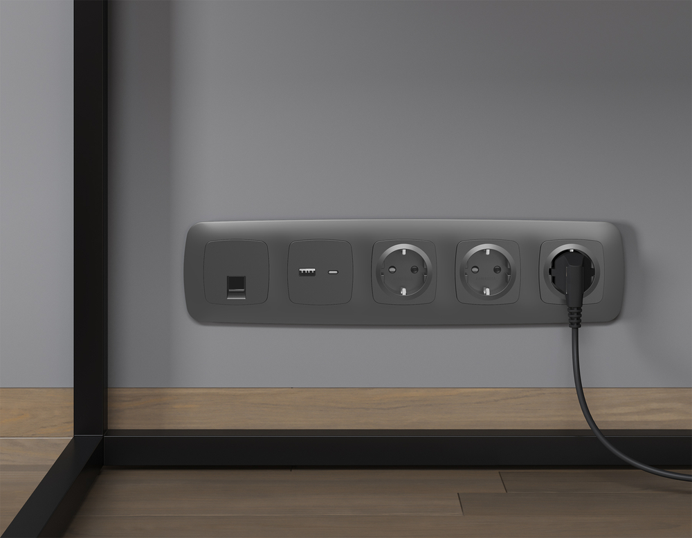 MO911010 Комплект механизма розетки OMEGA Графит мягкое касание 2USB A+C 20W (быстрая зарядка) QUANT (OP9110, VM177)