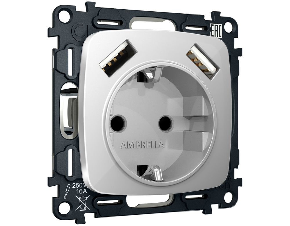 MO409010 Комплект механизма электрической розетки OMEGA Серебро глянец 2USB A+A 18W (быстрая зарядка) с/з QUANT (OP4090, VM155)