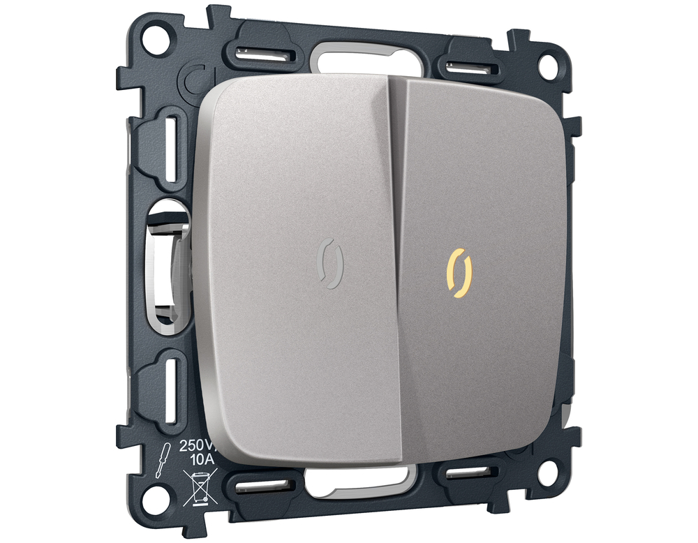 MO504030 Комплект механизма 2-кл проходного выключателя с подсветкой 3200K OMEGA Сталь матовый QUANT (OP5040, VM120, G22Y)
