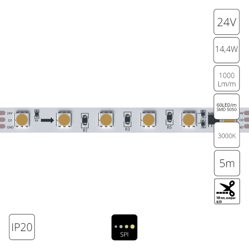 Купить Светодиодная лента 24V 14,4W/m 3000К 5м IP20 Arte Lamp SPI A2406010-03-3K