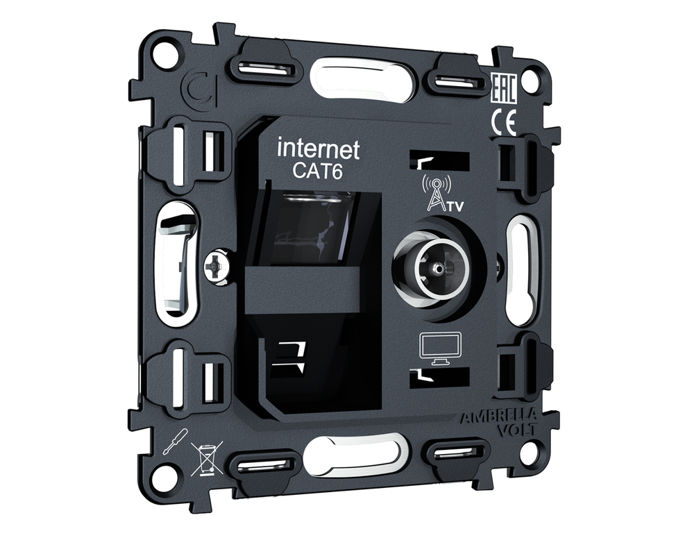 VM195 Механизм розетки компьютерной + TV оконечной RJ-45 (8P8C) CAT6/50-870 MHz 1dB с автоматической защитной шторкой QUANT