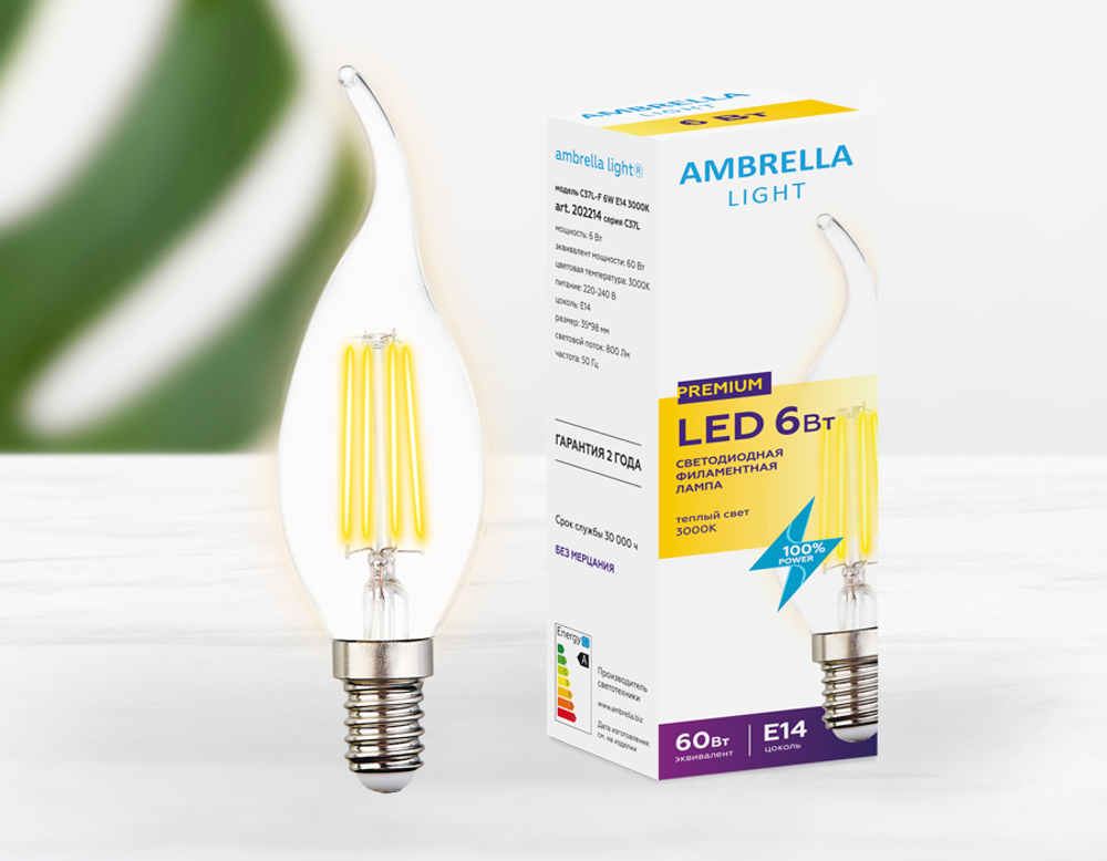 202214 Filament LED C37L-F 6W E14 3000K (60W)