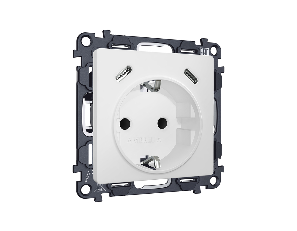 MA130510 Комплект механизма электрической розетки 2USB С+C 20W с/з на винтовых зажимах 16A-250V ALFA Белый матовый QUANT (AP1305, VM165)