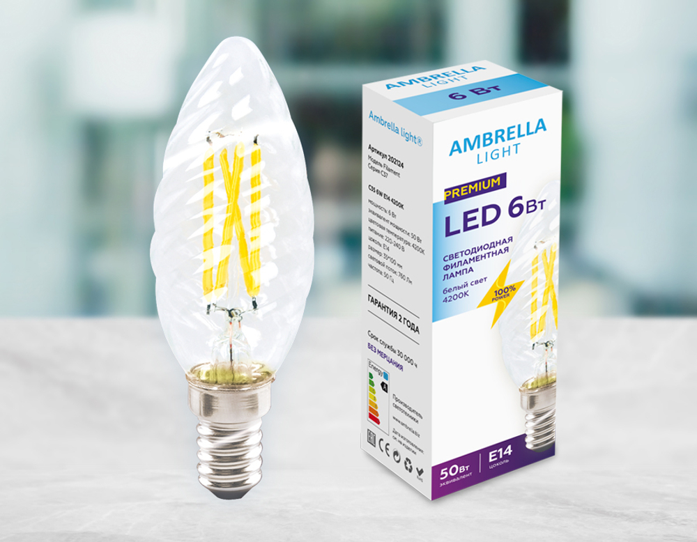 202124 Filament LED C35 6W E14 4200K (50W) 220-240V