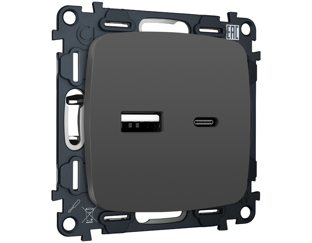 MO911010 Комплект механизма розетки OMEGA Графит мягкое касание 2USB A+C 20W (быстрая зарядка) QUANT (OP9110, VM177)
