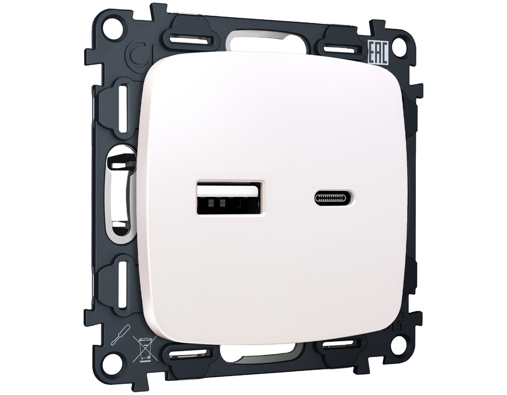 MO211010 Комплект механизма розетки OMEGA Жемчуг 2USB A+C 20W (быстрая зарядка) QUANT (OP2110, VM177)