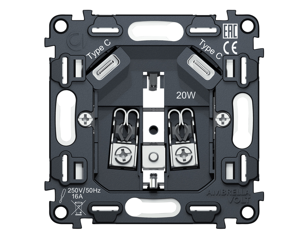 VM165 Механизм электрической розетки 2USB С+C 20W (быстрая зарядка) с/з на винтовых зажимах 16A-250V QUANT