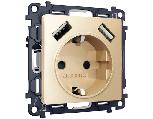 Купить MA609010 Комплект механизма электрической розетки ALFA Шампань 2USB A+A 18W (быстрая зарядка) с/з QUANT (AP6090, VM155)