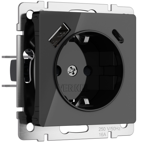 Купить Розетка с заземлением, шторками и USB тип A+C (черный акрил) W1171748