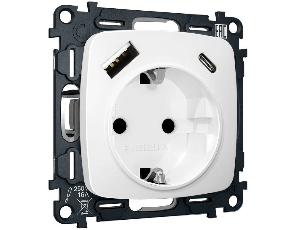 MO130010 Комплект механизма электрической розетки OMEGA Белый матовый 2USB A+C 20W (быстрая зарядка) с/з QUANT (OP1300, VM160)
