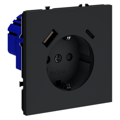 Розетка встраиваемая VOLTUM S70 с заземлением и защитными шторками, 16А, с USB, A+С, (графит)