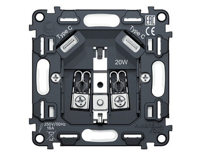 VM165 Механизм электрической розетки 2USB С+C 20W (быстрая зарядка) с/з на винтовых зажимах 16A-250V QUANT