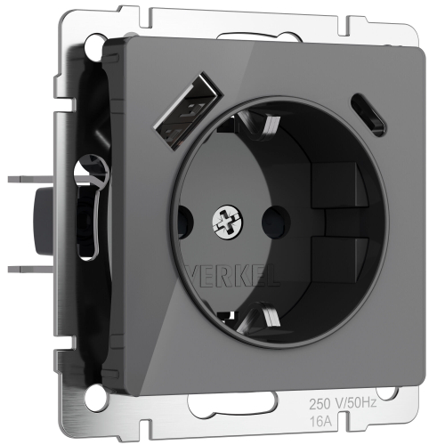 Купить Розетка с заземлением, шторками и USB тип A+C (графит акрил) W1171744