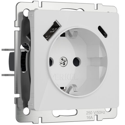 Розетка с заземлением, шторками и USB тип A+C (белый акрил) W1171741