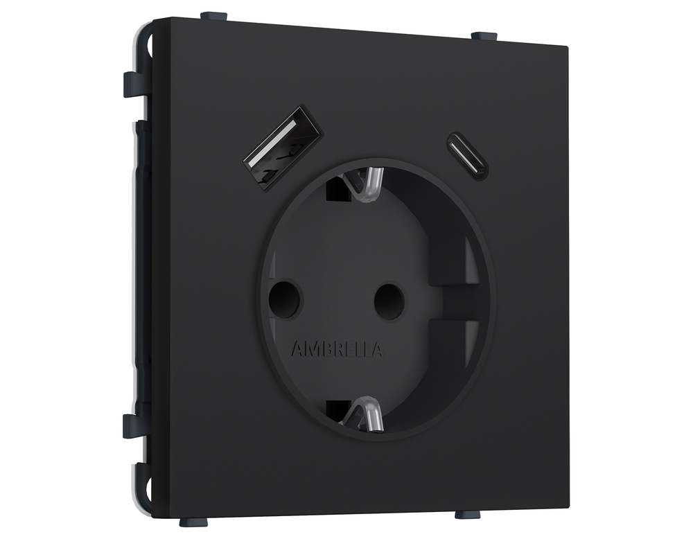 MS990010 Комплект механизма электрической розетки SIGMA Черный Мягкое касание 2USB A+C 20W (быст. зар.) с/з с/ш 16A-250V QUANT PRO (SP9900, PR160)