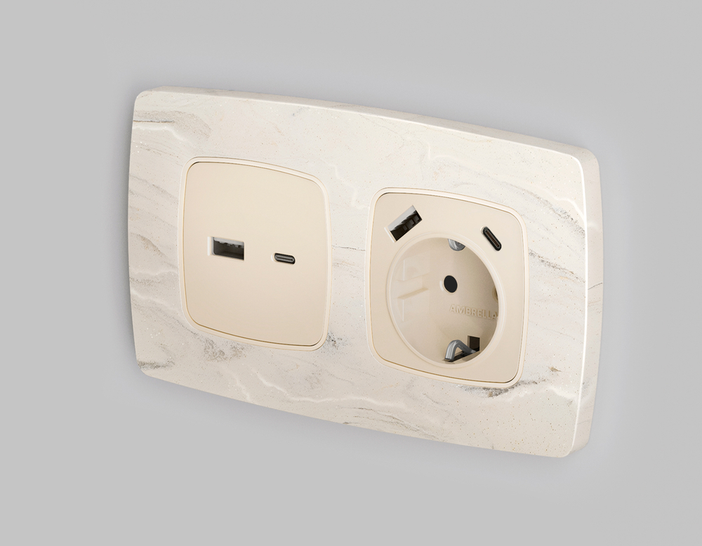 MO310010 Комплект механизма электрической розетки OMEGA Бежевый глянец 2USB A+C 20W (быстрая зарядка) с/з QUANT (OP3100, VM160)