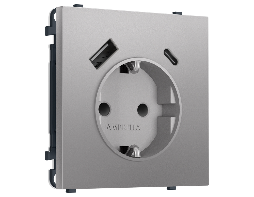 MS510010 Комплект механизма электрической розетки SIGMA Сталь матовый 2USB A+C 20W (быст. зар.) с/з с/ш 16A-250V QUANT PRO (SP5100, PR160)
