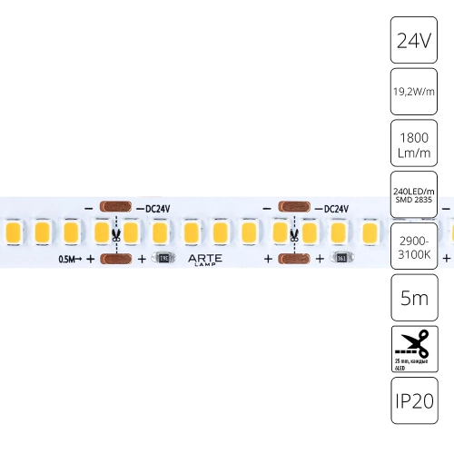 Купить Светодиодная лента 24V 19,2W/m 3000К 5м Arte Lamp TAPE A2424010-01-3K