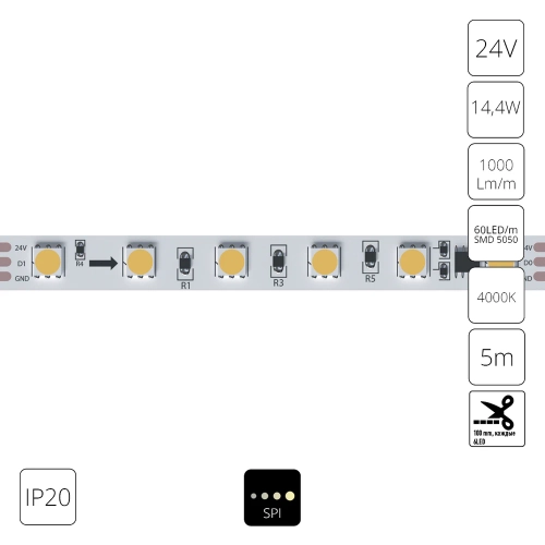 Купить Светодиодная лента 24V 14,4W/m 4000К 5м IP20 Arte Lamp SPI A2406010-04-4K