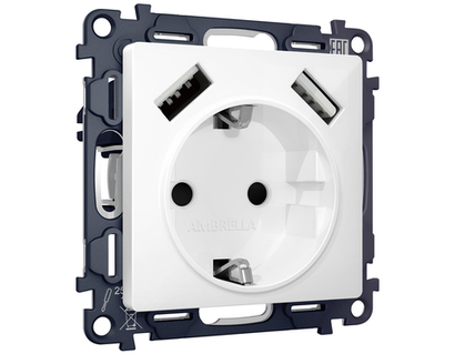 MA109010 Комплект механизма электрической розетки ALFA Белый глянец 2USB A+A 18W (быстрая зарядка) с/з QUANT (AP1090, VM155)