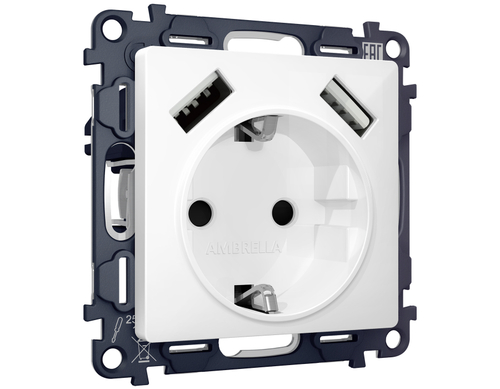 Купить MA109010 Комплект механизма электрической розетки ALFA Белый глянец 2USB A+A 18W (быстрая зарядка) с/з QUANT (AP1090, VM155)