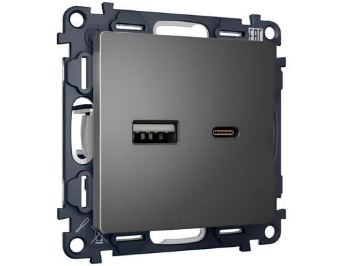 Купить MA661010 Комплект механизма розетки ALFA Антрацит серый 2USB A+C 20W (быстрая зарядка) QUANT (AP6610, VM177)