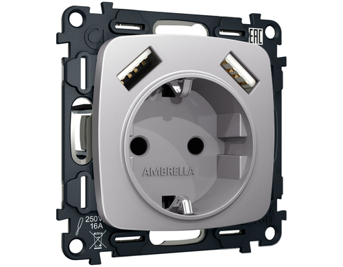 Купить MO509010 Комплект механизма электрической розетки OMEGA Сталь матовый 2USB A+A 18W (быстрая зарядка) с/з QUANT (OP5090, VM155)