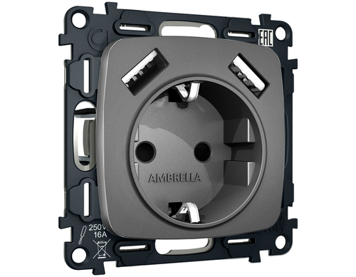 Купить MO659010 Комплект механизма электрической розетки OMEGA Антрацит серый 2USB A+A 18W (быстрая зарядка) с/з QUANT (OP6590, VM155)
