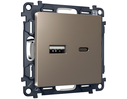Купить MA641010 Комплект механизма розетки ALFA Темная бронза матовый 2USB A+C 20W (быстрая зарядка) QUANT (AP6410, VM177)