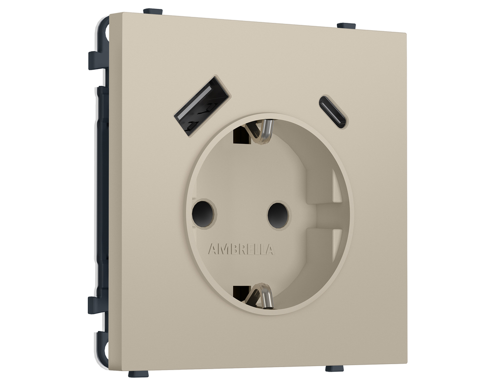 MS350010 Комплект механизма электрической розетки SIGMA Кашемир 2USB A+C 20W (быст. зар.) с/з с/ш 16A-250V QUANT PRO (SP3500, PR160)