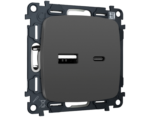 Купить MO911010 Комплект механизма розетки OMEGA Графит мягкое касание 2USB A+C 20W (быстрая зарядка) QUANT (OP9110, VM177)