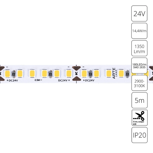 Купить Светодиодная лента 24V 14,4W/m 3000К 5м Arte Lamp TAPE A2418008-01-3K