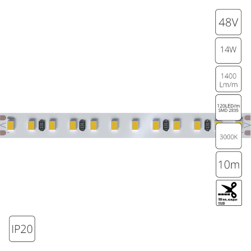 Купить Светодиодная лента 48V 14,4W/m 3000К 10м IP20 Arte Lamp TAPE A4812010-07-3K