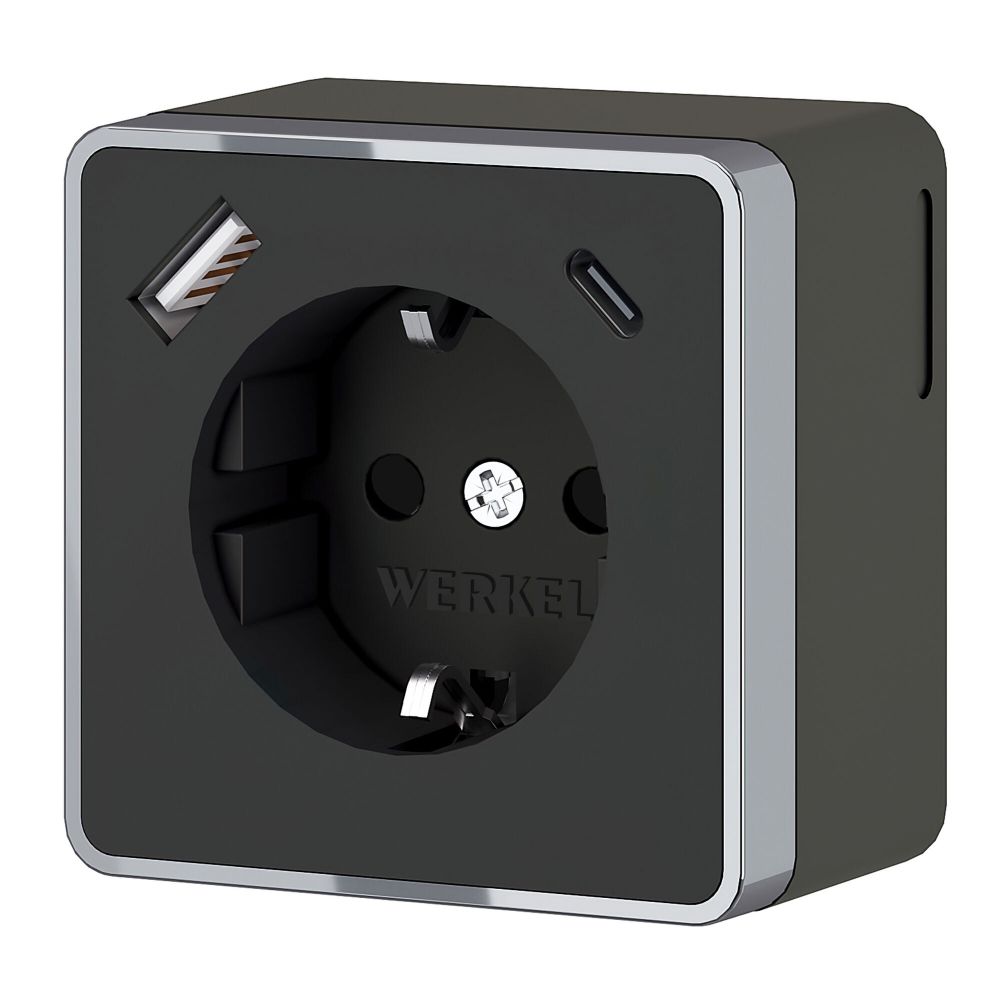 Розетка с заземлением, шторками и USB тип A+C Gallant чёрный хром W5071735
