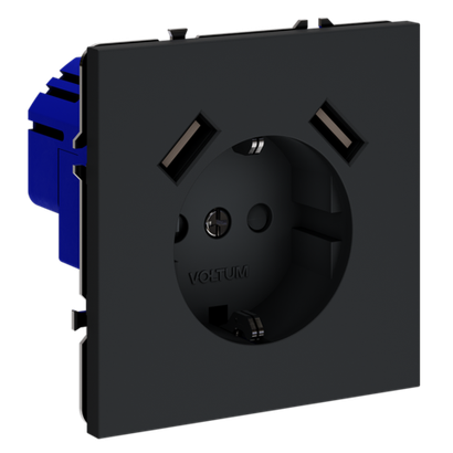 Розетка встраиваемая VOLTUM S70 с заземлением и защитными шторками, 16А, с USB, A+A, (графит)