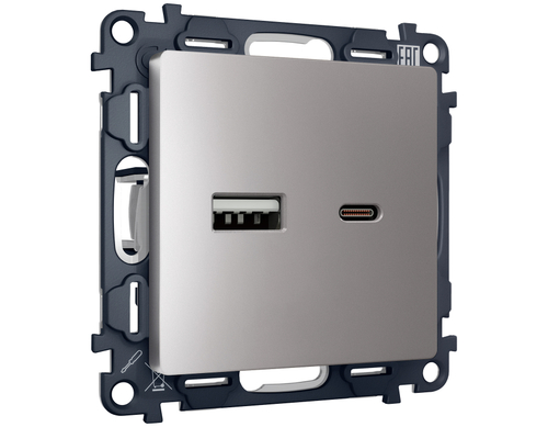Купить MA511010 Комплект механизма розетки ALFA Сталь матовый 2USB A+C 20W (быстрая зарядка) QUANT (AP5110, VM177)