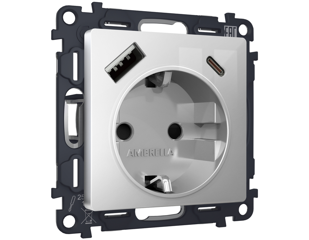 MA410010 Комплект механизма электрической розетки ALFA Серебро глянец 2USB A+C 20W (быстрая зарядка) с/з QUANT (AP4100, VM160)