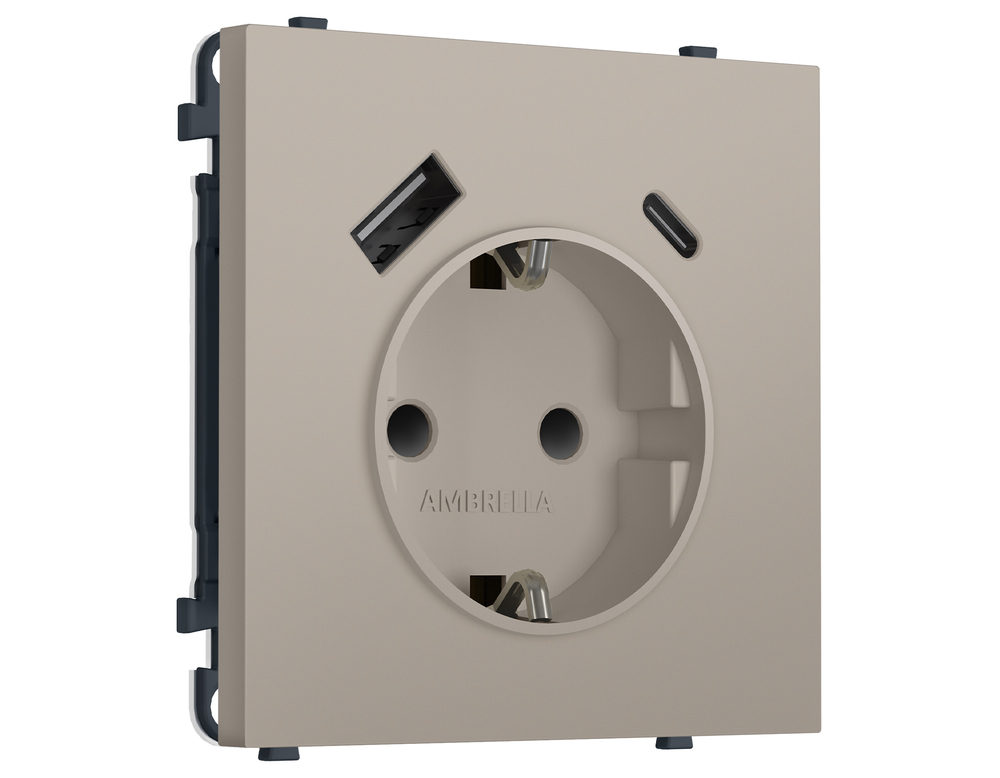 MS370010 Комплект механизма электрической розетки SIGMA Серо-бежевый матовый 2USB A+C 20W (быст. зар.) с/з с/ш 16A-250V QUANT PRO (SP3700, PR160)