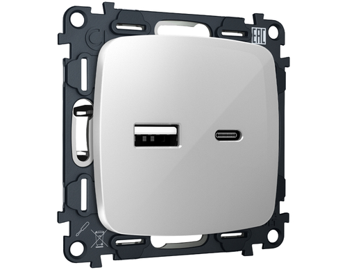 Купить MO411010 Комплект механизма розетки OMEGA Серебро глянец 2USB A+C 20W (быстрая зарядка) QUANT (OP4110, VM177)