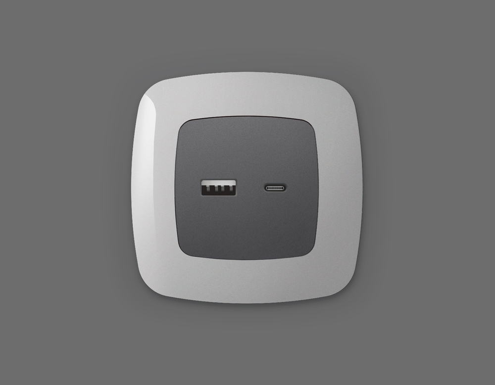 MO661010 Комплект механизма розетки OMEGA Антрацит серый 2USB A+C 20W (быстрая зарядка) QUANT (OP6610, VM177)