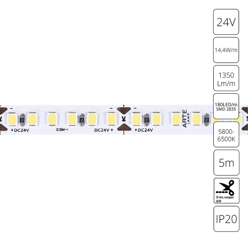 Купить Светодиодная лента 24V 14,4W/m 6000К 5м Arte Lamp TAPE A2418008-03-6K